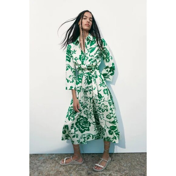 Zara Dresses & Skirts - Zara Green & White Floral Print Midi Shirt Dress Size M
